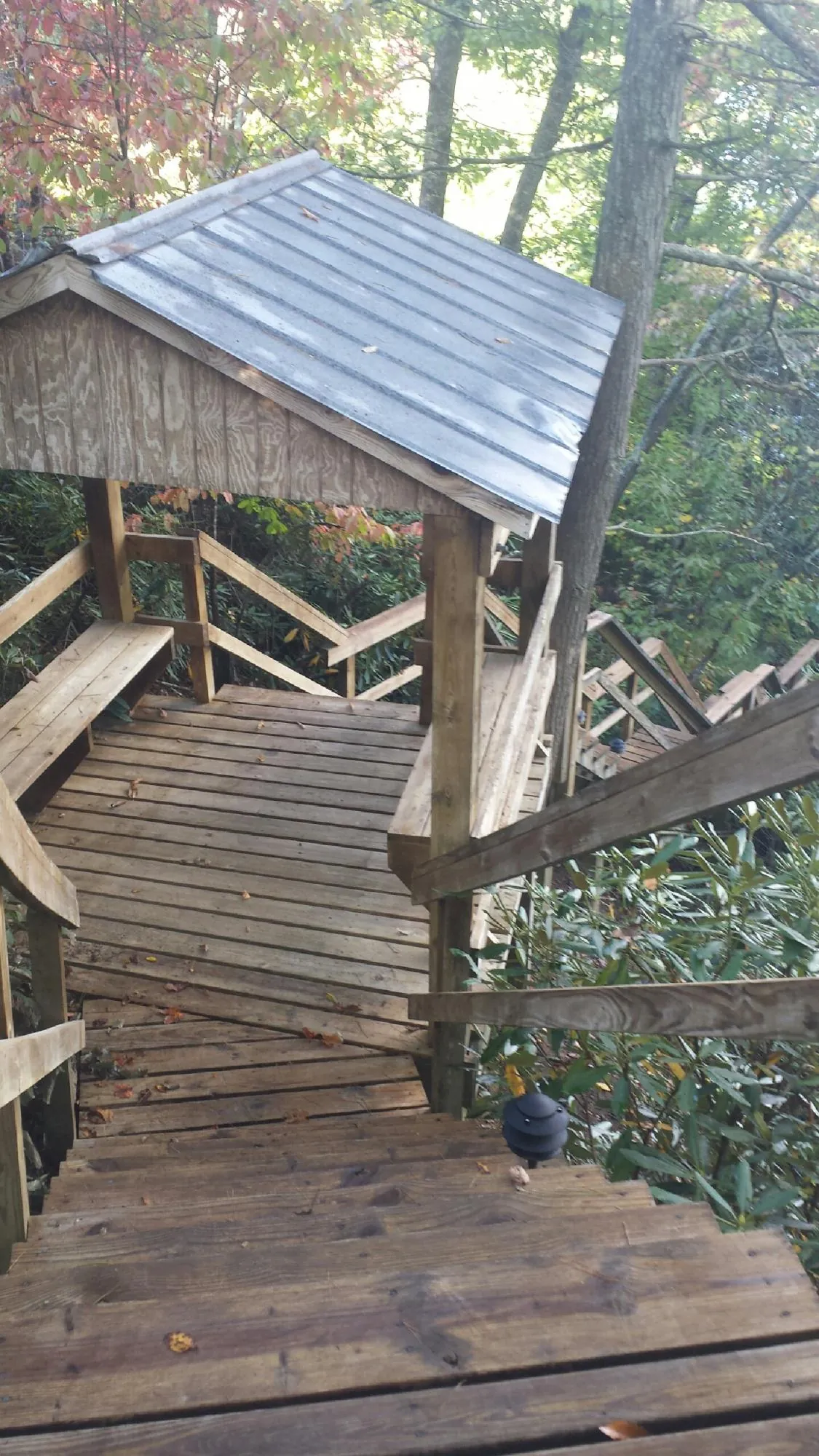 Metal roofed shelter over wooden steps on a wooded walkway — Skylight Repair & Installation work by our crew in Rehoboth Beach